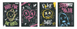 © redgreystock - Set of graffiti poster with spray paint skull, heart sign, ghost and smiling face emoji. Street art covers of splashes, ink drip splatter, faces in hand drawing style on black background. Urban design
