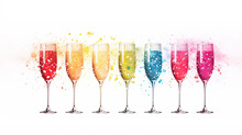An exquisite watercolor painting illustrating champagne glasses filling with colored Sparkling drink on white canvas, evoking a sense of festivity and celebration