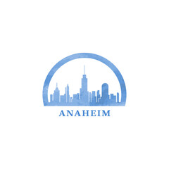 Anaheim US watercolor cityscape skyline city panorama vector flat modern logo icon. USA, California state of America emblem with landmarks and building silhouettes. Isolated graphic