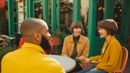 Wall Mural - A group of friends sitting in a cafe and having fun