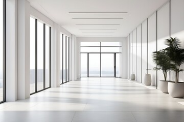  Mockup para produto, corredor clean, janelas e portas e jarro, ambiente branco