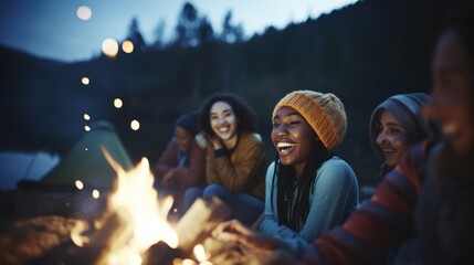 A group of friends having fun in front of a campfire