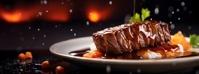 Wall Mural - grilled steak in splash of demiglas sauce In a white ceramic dish