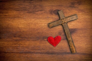 Canvas Print - Red heart, Jesus cross on wooden desk