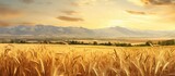 Fototapeta  - In the summer the light cast a gentle glow over the golden wheat field in Spain where the tall stems of ripe plants were swaying gracefully in the breeze creating a picturesque prairie scen