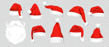 Realistic Set Of Red Santa Hats. New Year Red Hat. - Stock Vector