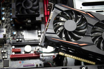 Poster - Top view of graphics card and motherboard.