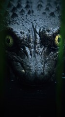 Sticker -  a close up of a crocodile's face in the water with a green plant growing in front of it.  generative ai