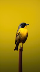 Poster -  a yellow and black bird sitting on top of a red pole in front of a green and yellow background and a black and white bird sitting on top of a red pole.  generative ai