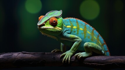 Wall Mural -  a green and orange chamelon sitting on top of a tree branch in front of a dark green background.  generative ai