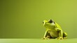  a green frog sitting on a table with a green wall in the background and a green wall in the background.  generative ai