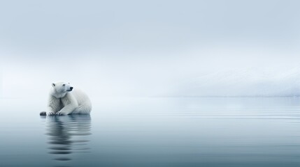 Canvas Print -  a white polar bear sitting on top of a body of water next to a tall iceberg in the distance.  generative ai