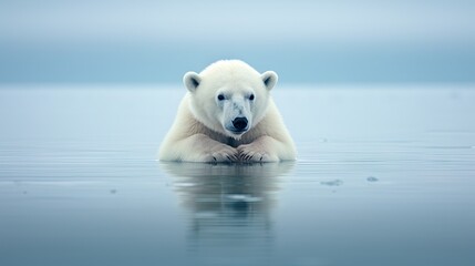 Canvas Print -  a large white polar bear sitting on top of a body of water with its head above the water's surface.  generative ai