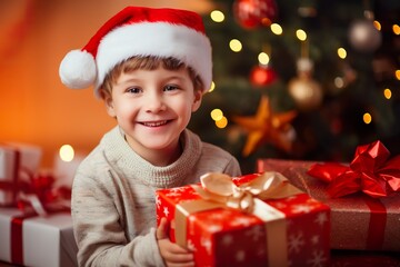 close-up happy little boy with Christmas gifts near Christmas tree at home, beautiful bokeh DOF, free space without image