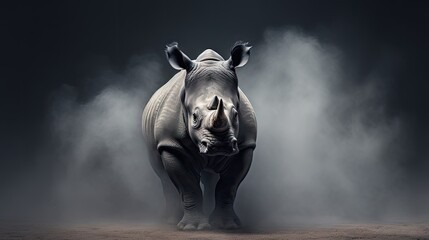 Canvas Print -  a rhinoceros standing in the middle of a foggy area with its back turned to the camera, in front of a dark background.  generative ai