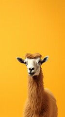 Poster -  a close up of a llama on a yellow background with a blurry image of it's face.  generative ai