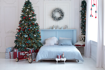 Wall Mural - Bright bedroom with decorated christmas tree and comfortable bed. Concept new year and winter holidays. Scandinavian room style. Interior design bedroom. New year winter home interior decor