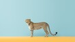 canvas print picture -  a toy cheetah standing on top of a yellow and blue surface in front of a blue and yellow background.  generative ai