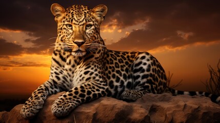 Wall Mural -  a leopard sitting on top of a rock in front of a sky with a sun setting in the back ground.  generative ai