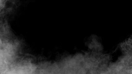 Wall Mural - Abstract white smoke animation on a black background. Smoke, steam, explosion, fire, puff, steady vapors. Realistic smoke cloud from up and button with floating fog. Best for using in composition.