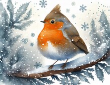 Cute Little Robin A Tree For Christmas With Snowflakes Winter 