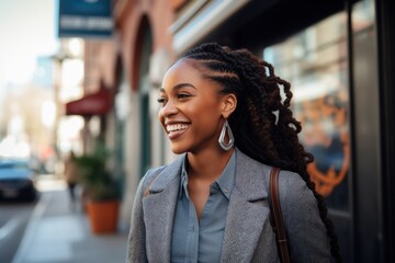 Wall Mural - Black business woman walking street smiling