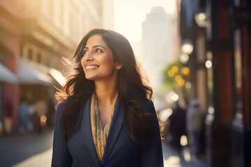 business woman walking street smiling