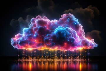 Wall Mural - Abstract colorful glowing cloud. Cloud computing technology concept. Futuristic illustration