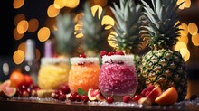 A Group Of Colorful Drinks With Pineapples And Berries