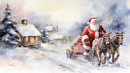 Canvas Print - a watercolor of santa claus riding a horse and carriage with teddy bears