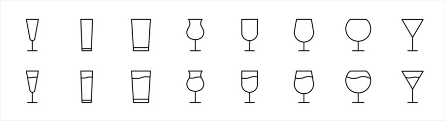 Wineglass icon set. Drink glasses line icon. Champagne glass. Wineglass icons. Editable stroke. Vector illustration.