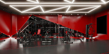 Gym Fitness Center, Red Design 3d Rendering