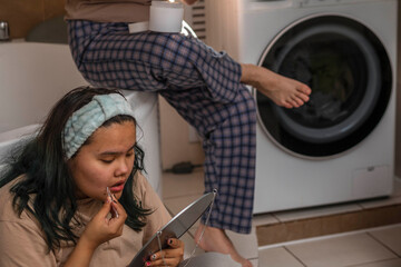 Wall Mural - Dawn of Wellness: Asian Girls Nurture Themselves with Careful Morning Routine. removal of antennae of teenager