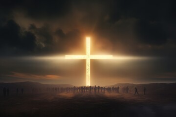 Wall Mural - Christian cross in sunlight against the sky during sunset, people walk to the cross