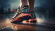 Athlete female runner feet running on road closeup on shoe. Young woman fitness sunrise jog workout wellness concept