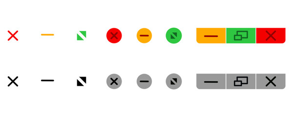 Web buttons. Expand and collapse browser window buttons. Vector isolated buttons work windows browser icon. Close window, expand window, collapse window. colorful button sets. Vector illustration eps 