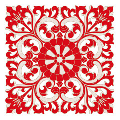 Canvas Print - Red white symmetrical floral pattern design. Square intricate detailed ornate abstract art background.