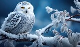 Biała sowa siedząca na gałęzi pokrytej śniegiem. 