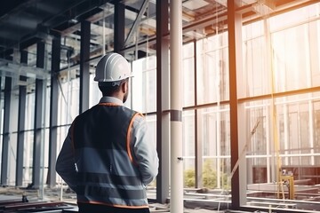 Poster - A man works during the day at a construction site in a modern large office.