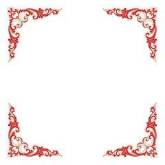 Wall Mural - Red white ornate corner border design decorative frame. Elegant swirling, symmetrical pattern of curled leaves and flowers.