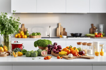 Organically grown fresh vegetables are on a cutting board on a white table in the kitchen for making a dish of vegetable salad. Concept for happy home and happy family health.