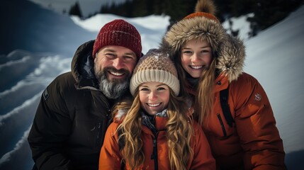 Wall Mural - Papa avec ces enfants à la montagne. Homme célibataire avec ces filles.