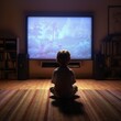 Back view of a little boy sitting in front of tv. Child watching television in dark living room