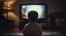 Back View Of A Little Boy Sitting In Front Of Tv. Child Watching Television In Dark Living Room