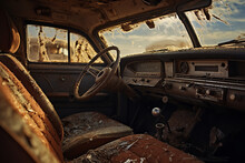The Dashboard Of An Abandoned Car Is Covered In Dust And Cobwebs, Untouched For A Long Time And Fading Away