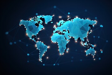 Poster - Abstract vector polygonal world map on dark blue background. Global network connection concept, Polygon world map with blockchain technology peer to peer network on blue background, AI Generated