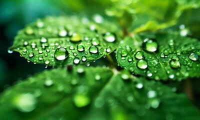 Green fresh leaves with sparkling water drops closeup natural background. Green leaf with water droplet and sunlight effect. Spring green plant leaf 