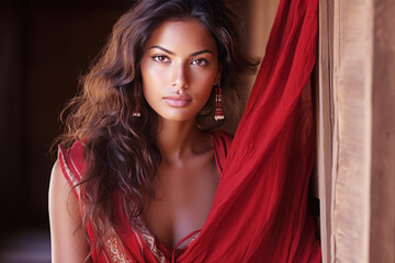 Wall Mural - An Indian woman model wearing a red sundress in the village