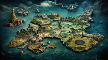 Aged Map Of Mythical Lands, Fantasy Exploration, Dragons, Mermaids, And Uncharted Territories,