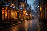 Fototapeta Londyn - Christmas market at night street and holiday lights. Christmas shopping.